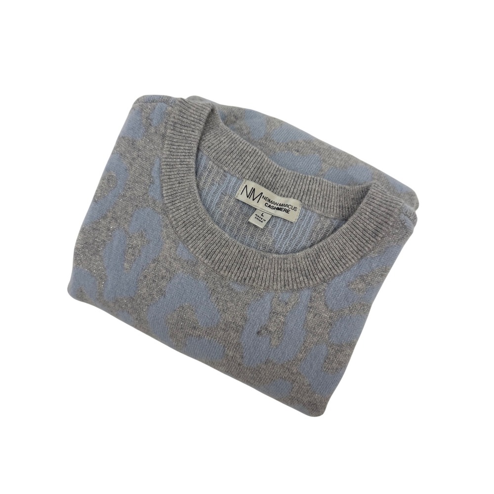 Neiman Marcus Cashmere Sweater L Blue Grey Leopard Animal Print Metallic Knit